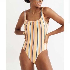 Madewell striped hicut bathing suit small orange teal muted tones one piece